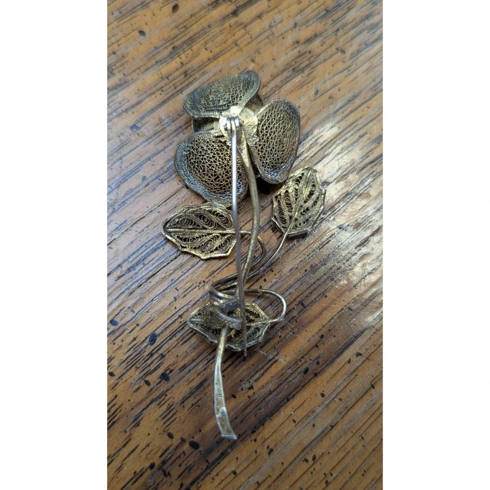 Vintage 800 Silver Ornate Intricate Filigree Enameled Leaves‎ Flower Brooch Pin